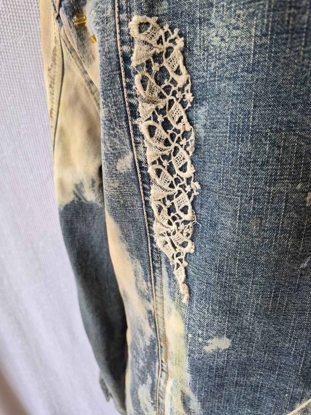 Upcycled Y2K Blue and Cream Embellished Denim Jacket - Picture 10 of 16
